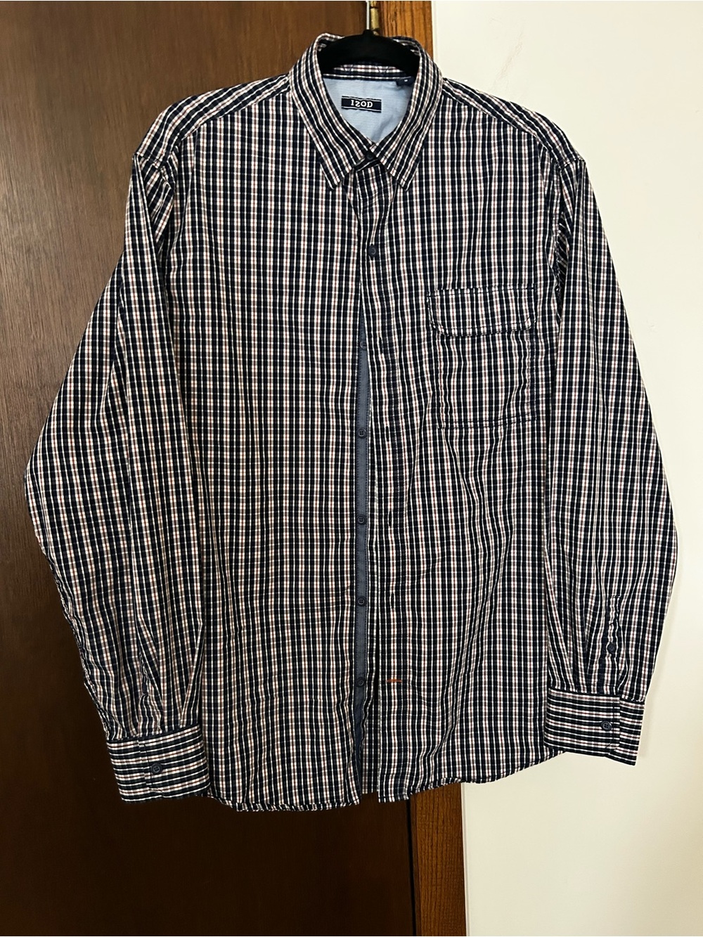 Izod Men's Navy and White Plaid Button-Down Shirt